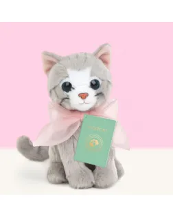 Studio Pets Плюшено Британско коте с панделка, Бела, 16 см